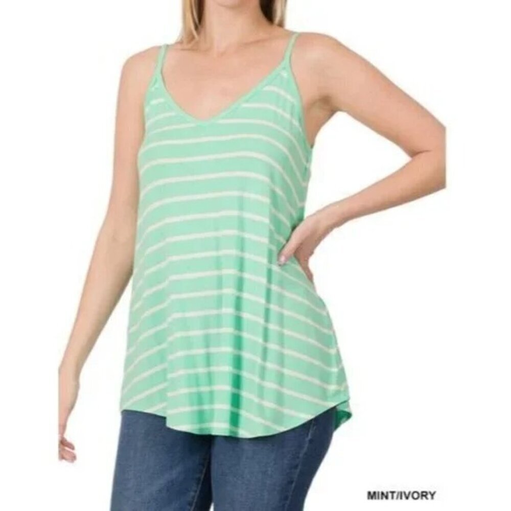 NWOT Zenana Mint Ivory Striped Front & Back Reversible Cami Tank Top Size 2X